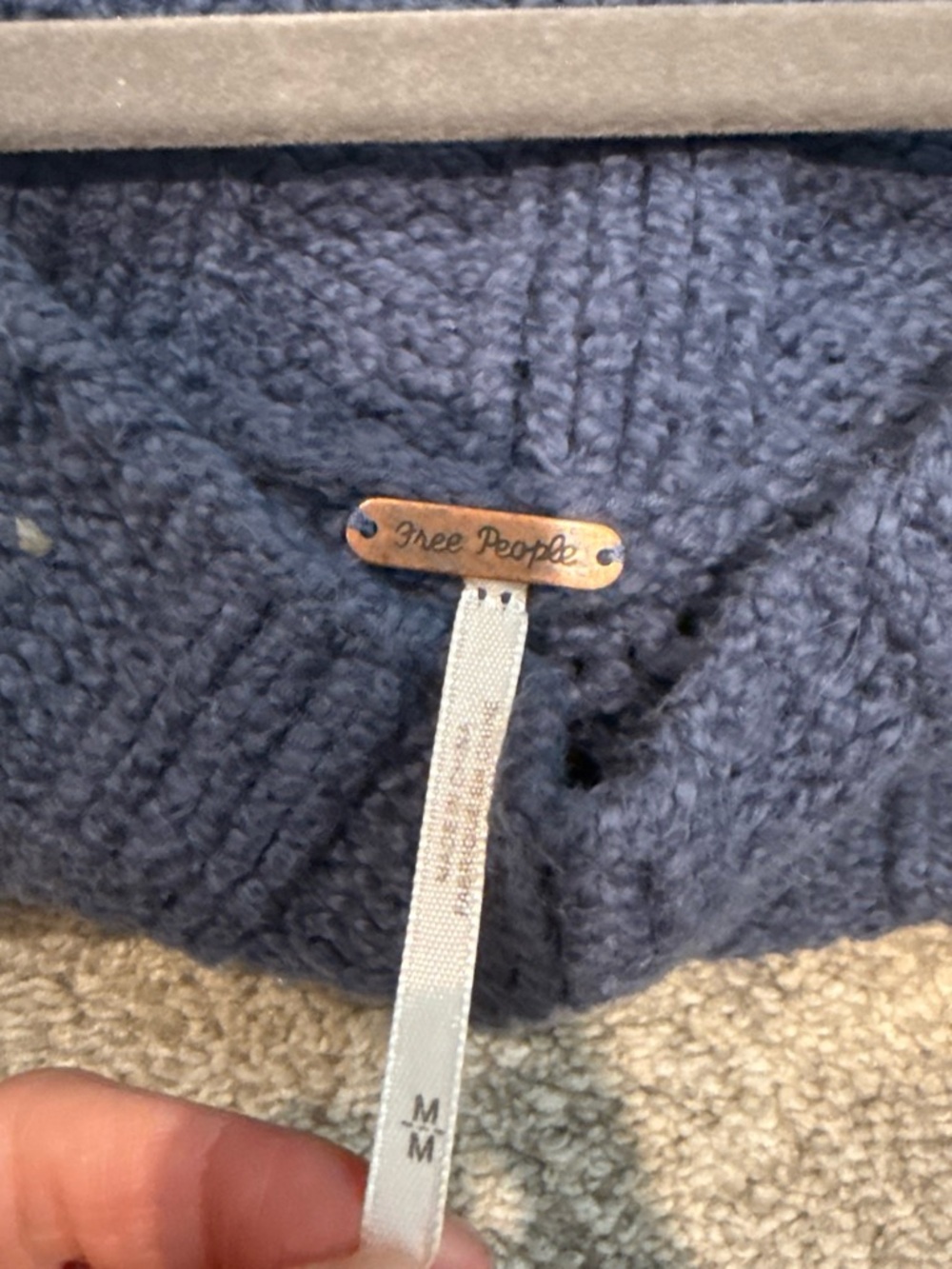 Free People Navy Cable Knit Beanie with Metal Logo